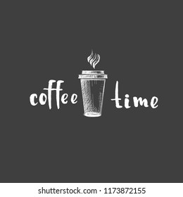 Drawing white vector coffee cafe drink drinks restaurant logo cappuccino latte linear word calligraphy black on black background