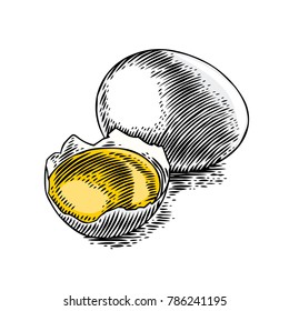 Drawing of whole egg and yolk in the eggshell