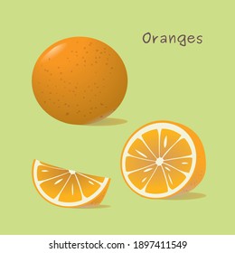 Drawing of a whole orange, half an orange and an orange slice