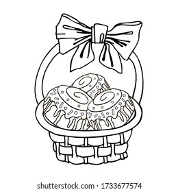 Drawing of a wicker basket with buns. Round basket with high handle and satin bow. Three cinnabon buns with colored sprinkles. Coloring book for children and adults.