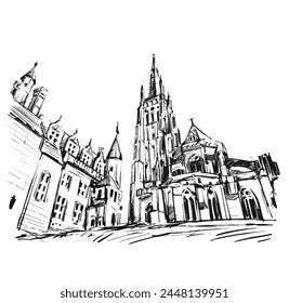 Drawing of Wide angle upside view at Church of Our Lady Bruges in Brugge, Belgium