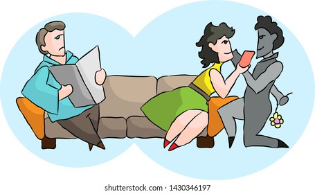 drawing of a wife who flirts with her lover on the phone in the presence of a sad and upset husband