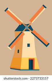 A drawing of a windmill with a red and yellow color.