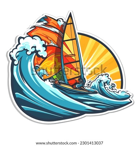 Drawing of windsurfing on a rough sea with the sunset in the background.. Extreme water sport activity on summertime vacation. cartoon vector illustration, label, sticker Foto d'archivio © 