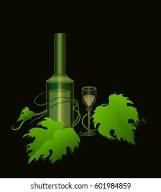 A drawing of wine bottle and full wineglass, entwined in leafy grape vines.