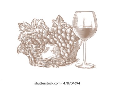 Drawing of wine glass and basket with grapes