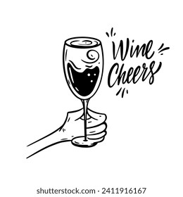 Drawing wine glass in hand. Black color vector illustration in doodle style. Isolated on transparent background.