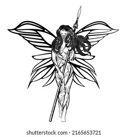 Drawing of a winged forest fairy with a spear. Butterfly girl. Illustration of European myths. Keeper of the wood. Tribal tattoo. New minimalism. Vector illustration for t shirt print.