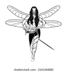 Drawing of a winged forest fairy with a sword. Dragonfly girl. Illustration of European myths. Keeper of the wood. Tribal tattoo. New minimalism. Vector illustration for t shirt print.
