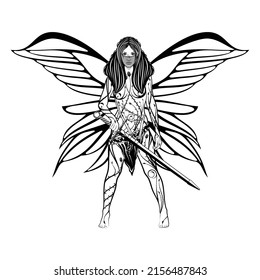 Drawing of a winged forest fairy with a sword. Butterfly girl. Illustration of European myths. Keeper of the wood. Tribal tattoo. New minimalism. Vector illustration for t shirt print.