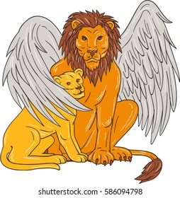 Drawing of a winged lion, a mythological creature that resembles a lion with bird-like wings, protecting cub isolated on white background. 