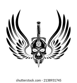 Drawing of a winged skull and a dagger. The drawing for design.  Vector illustration for t shirt print. Black tattoo.