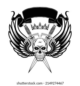 Drawing of a winged skull on the background of paired swords. Royal crown. Fantasy knight. The drawing for design. Vector illustration for t shirt print. Black tattoo.