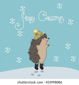Drawing with a winter hedgehog in a hat. Vector