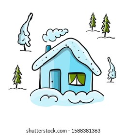Drawing of winter house in forest. Vector illustration.