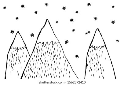 Drawing winter in mountains. Winter landscape in mountains painted by a child.