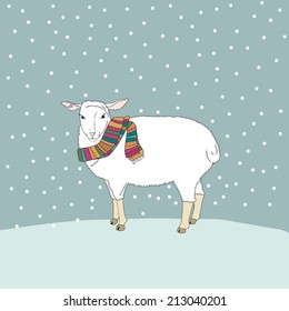 Drawing with a winter sheep in a scarf. Vector