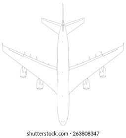 Drawing of wire-frame airplane. Top view. Isolated on white background. Vector Illustration rendering of 3d