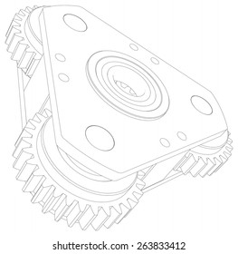 Drawing of wire-frame mechanism consisting of gears. Perspective view. Vector illustration rendering of 3d