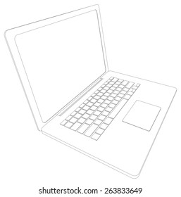 Drawing of wire-frame open laptop. Perspective view. Vector illustration rendering of 3d