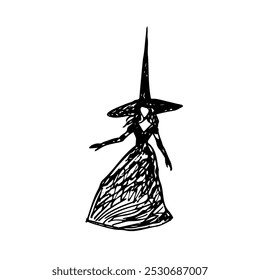Dibujo de una bruja en un gran sombrero puntiagudo, vestido y guantes en estilo grunge - bosquejo de línea dibujado a mano