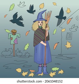 Drawing witch with broom on gray background, vector