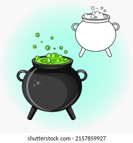 Drawing of  witch's cauldron with potion. Vector flat illustration.  Icon, sticker.  Magic and Halloween illustration. Coloring page.