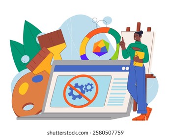 Drawing without AI. Woman near laptop with crossed out gears. Refusal from artificial intelligence and machine learning. Graphic designer fight against innovations. Flat vector illustration