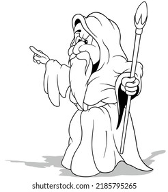Drawing of a Wizard in a Robe Holding a Magic Staff - Cartoon Illustration Isolated on White Background, Vector