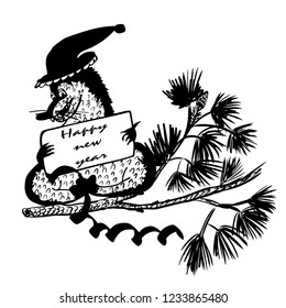 drawing of a wolf in a Christmas cap sitting on a pine branch with a sign "happy new year", sketch, hand-drawn vector illustration