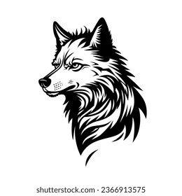 Drawing of a wolf's head. Black and white illustration.