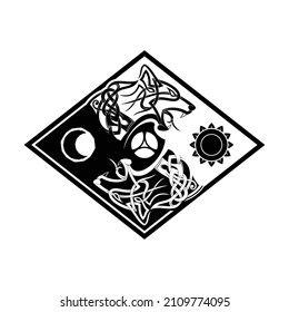 Drawing of the wolves devouring sun and moon. Celtic animal symbol. Norman culture. Mythology of Vikings. Black tribal tattoo. Vector illustrations for t shirt print. Dark and white.