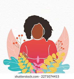 A drawing of a woman with arms crossed and red sweater stands among flowers and leaves.