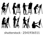 Drawing woman artist silhouettes vector illustration set