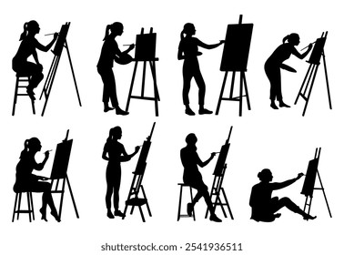 Drawing woman artist silhouettes vector illustration set