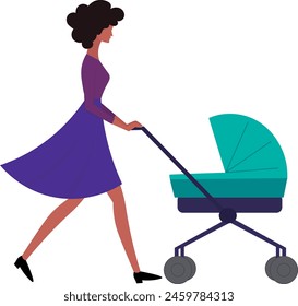 Drawing of a woman with a baby stroller, and a baby walking