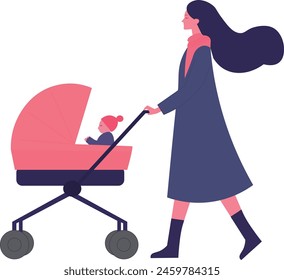 Drawing of a woman with a baby stroller, and a baby walking