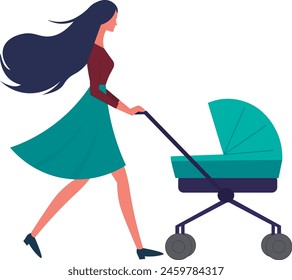 Drawing of a woman with a baby stroller, and a baby walking