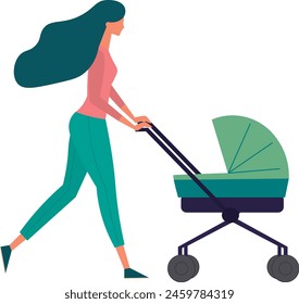 Drawing of a woman with a baby stroller, and a baby walking