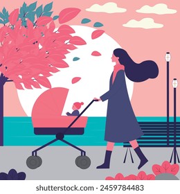 Drawing of a woman with a baby stroller, and a baby walking in a park with a harmonious color palette, and hair blowing in the wind