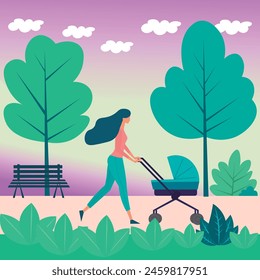 Drawing of a woman with a baby stroller, and a baby walking in a park with a harmonious color palette, and hair blowing in the wind