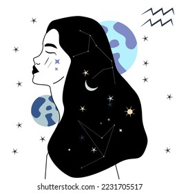 Drawing of a woman in black and white style. Sketch of a tattoo of zodiac signs. Aquarius sign. The girl is against the background of the Planets and Stars. The concept of horoscope, astrology