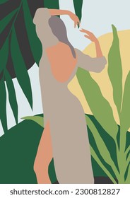 drawing of a woman with blond hair wearing a dress in light colors in digital format on a background of tropical leaves in green shades