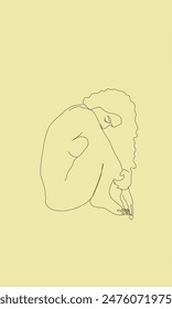 drawing of a woman crouching with her head bent towards her knees