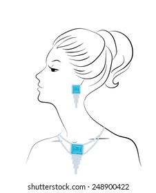 Drawing of a woman with a diamond necklace and earrings