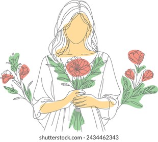 A drawing of a woman in a dress holding a colorful bouquet of flowers in her hand. International Women's Day, March 8, Mother's Day
