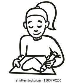 drawing of a woman drawing a heart. black white comic, vector artwork.