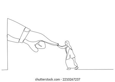 Drawing Of Woman With Hijab Fight And Keep Pushing Against Giant Business Hand. Metaphor For Conflict Against Boss Or Employer, David And Goliath. Single Continuous Line Art Style
