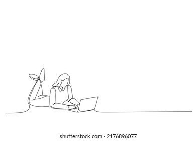 Drawing of woman lie floor work laptop get incredible blogging notification Single Line art
