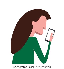 Drawing of a woman looking at the mobile. Woman holding a mobile with her hand.